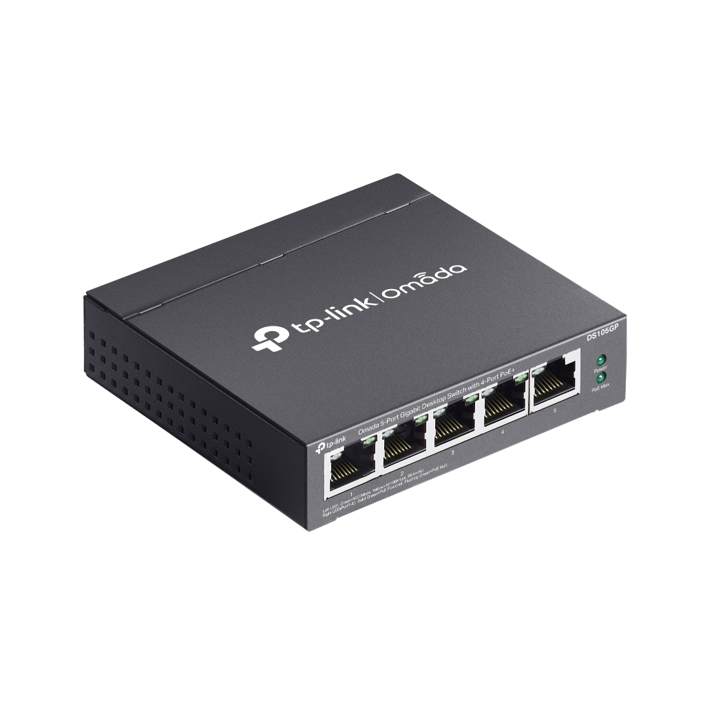 OMADA DS105GP, 5 Port Gigabit, 4 Port Gigabit PoE+, 65W, Yönetilemez, Masaüstü/Vesa Metal Kasa Sessiz Switch
