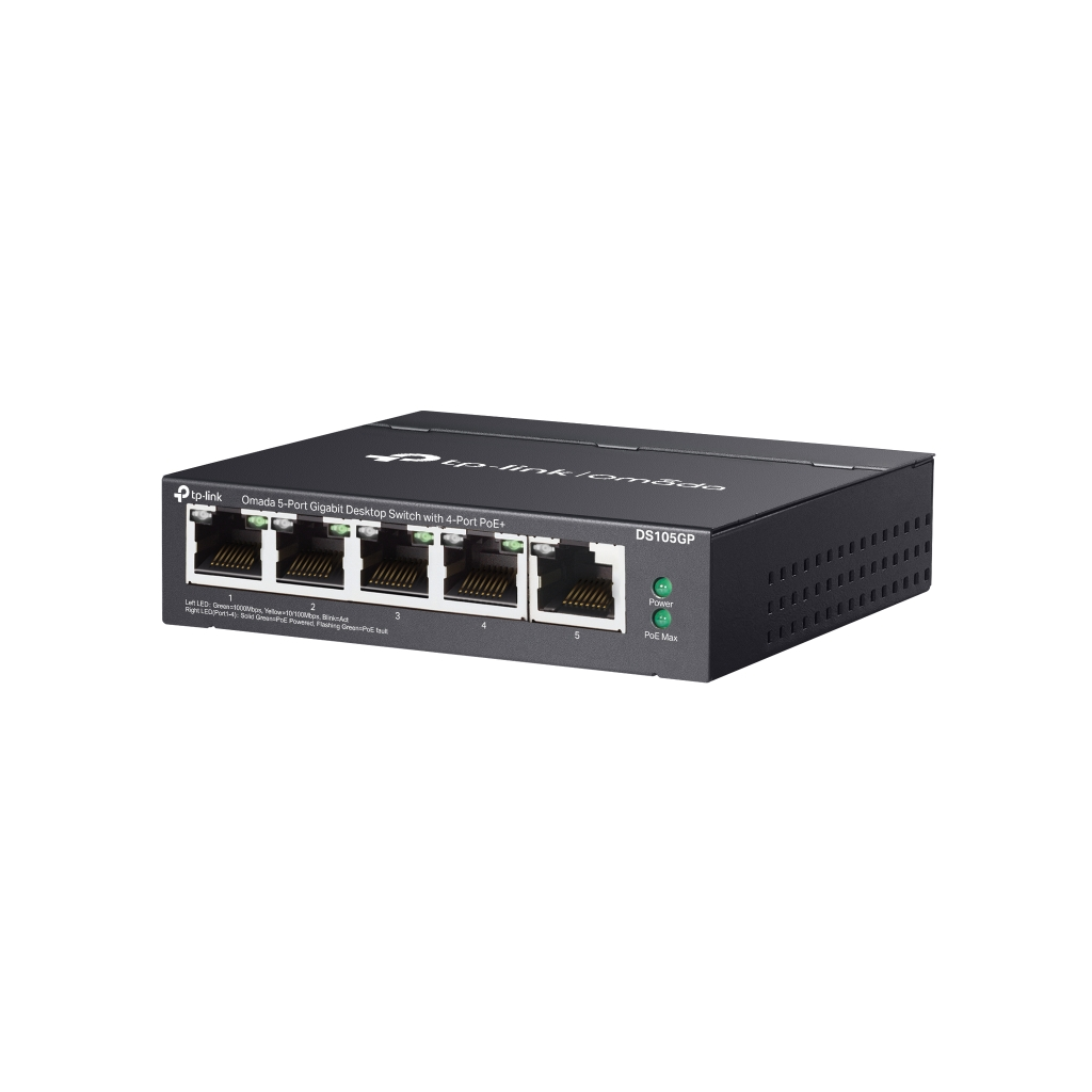OMADA DS105GP, 5 Port Gigabit, 4 Port Gigabit PoE+, 65W, Yönetilemez, Masaüstü/Vesa Metal Kasa Sessiz Switch
