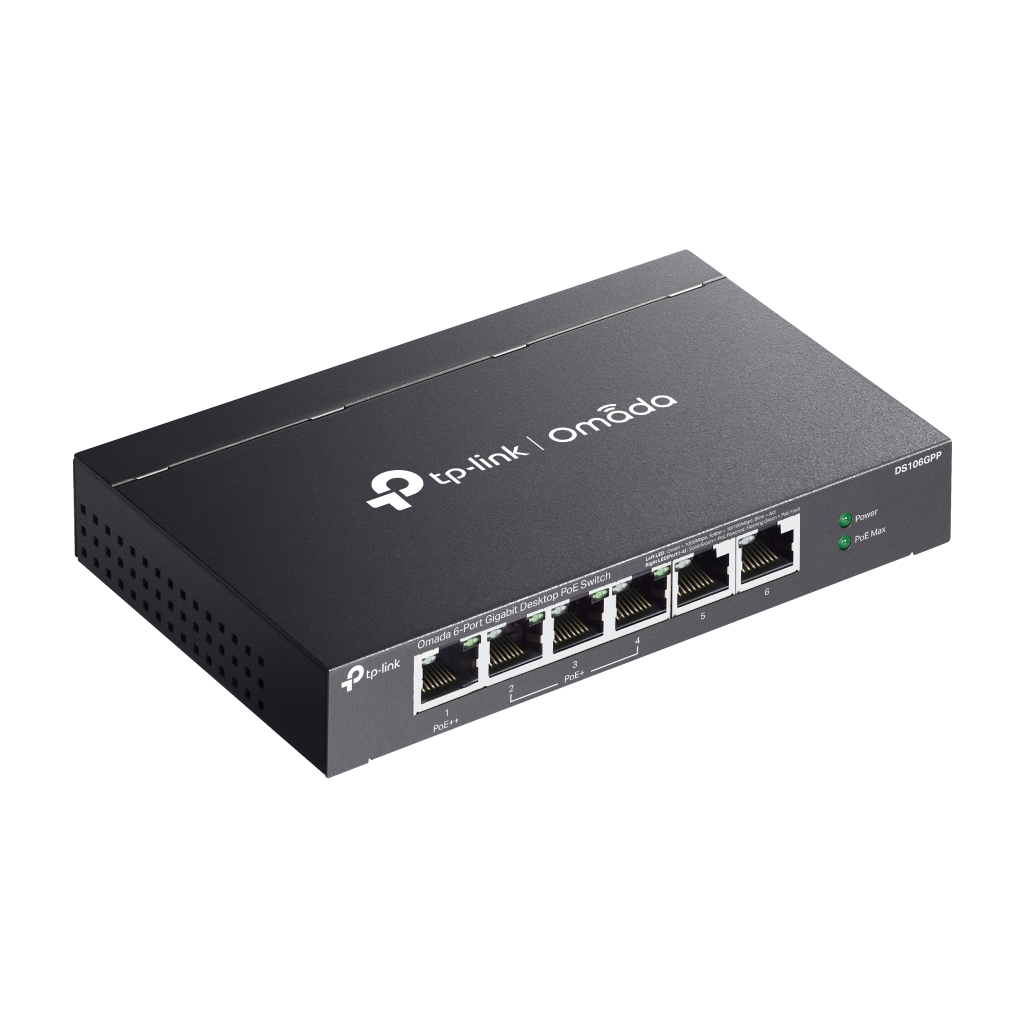 OMADA DS106GPP, 6 Port Gigabit, 3 Port Gigabit PoE+, 64W, 1 Port Gigabit PoE++, Yönetilemez, Metal Kasa Masaüstü Sessiz Switch