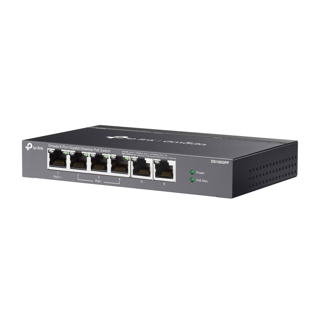 OMADA DS106GPP, 6 Port Gigabit, 3 Port Gigabit PoE+, 64W, 1 Port Gigabit PoE++, Yönetilemez, Metal Kasa Masaüstü Sessiz Switch
