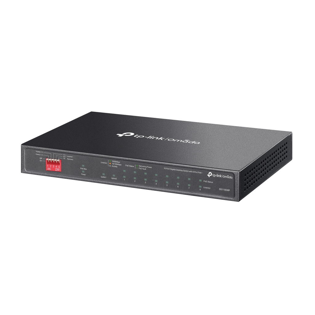 OMADA DS110GMP, 10 Port Gigabit, 8 Port Gigabit PoE+, 123W, 1 Port Combo Gigabit SFP, Yönetilemez, Metal Kasa Masaüstü Sessiz Switch