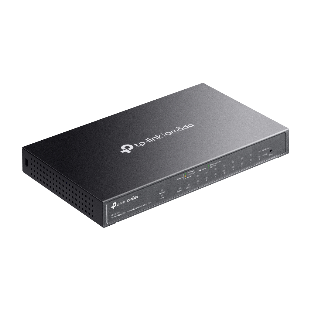 OMADA ES210GMP, 10 Port Gigabit, 8 Port PoE+, 1Port Gigabit Combo SFP, 123W, Yönetilebilir Metal Kasa Masaüstü/Vesa Switch