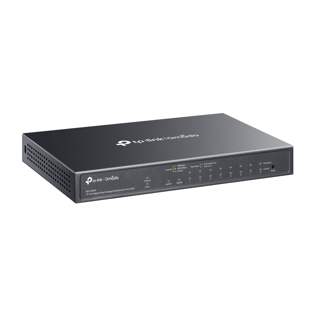 OMADA ES210GMP, 10 Port Gigabit, 8 Port PoE+, 1Port Gigabit Combo SFP, 123W, Yönetilebilir Metal Kasa Masaüstü/Vesa Switch