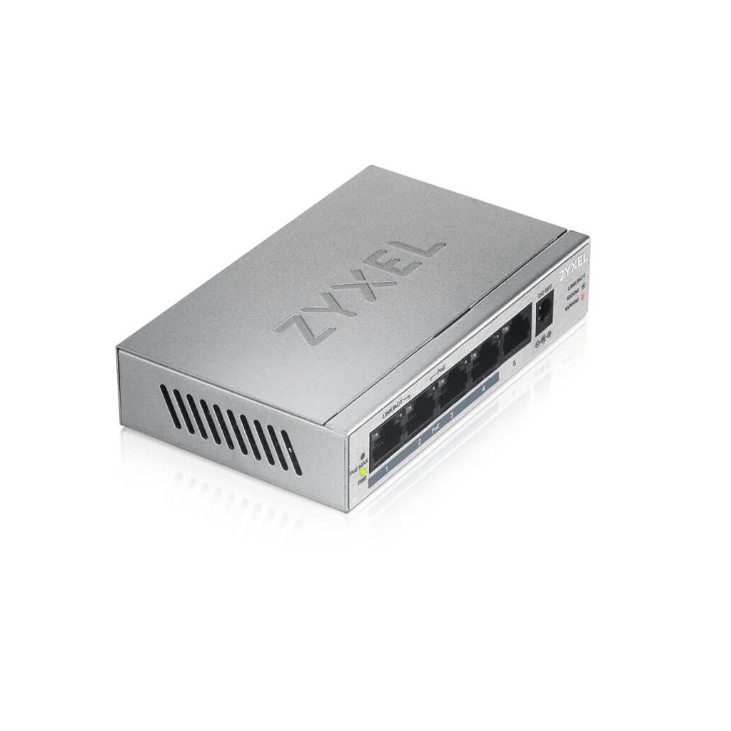 ZyXEL GS1005HP, 5 Port, GigaBit, 4 Port PoE 60W, Yönetilemez, Masaüstü Switch