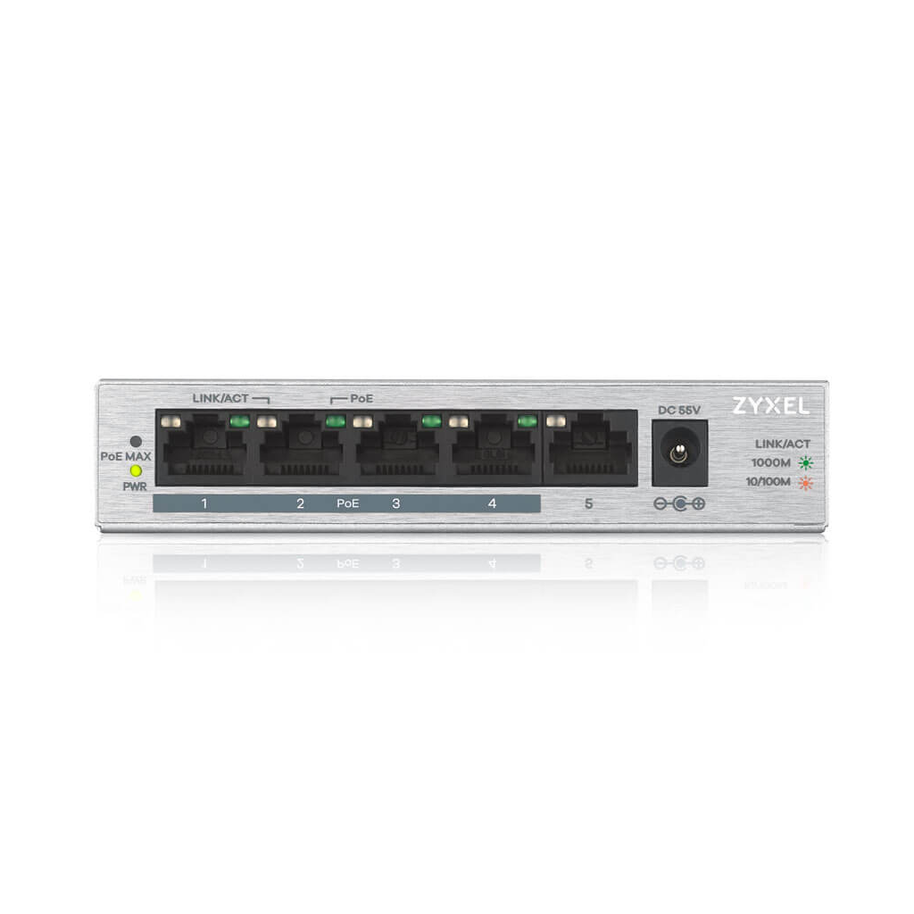 ZyXEL GS1005HP, 5 Port, GigaBit, 4 Port PoE 60W, Yönetilemez, Masaüstü Switch