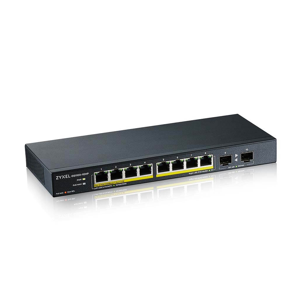 ZyXEL GS1100-10HP, 8 Port, Gigabit, PoE 130W, 2 Port GigaBit SFP, Yönetilemez, Masaüstü Switch