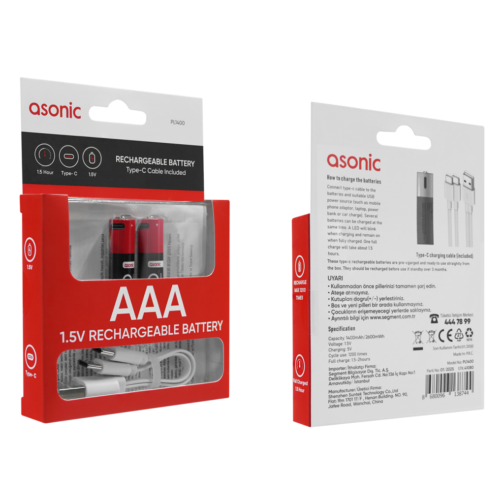 ASONIC PL1400, AA, Şarjlı Pil, 1.5Volt, 1400mAh/2600mwh, Type-C ile Kolay Şarj, 2 li Paket (USB To Type-C Kablo Hediye)