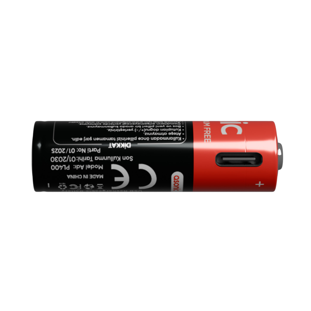 ASONIC PL400, AAA, Şarjlı Pil, 1.5Volt, 400mAh/750mwh, Type-C ile Kolay Şarj, 2 li Paket (USB To Type-C Kablo Hediye)