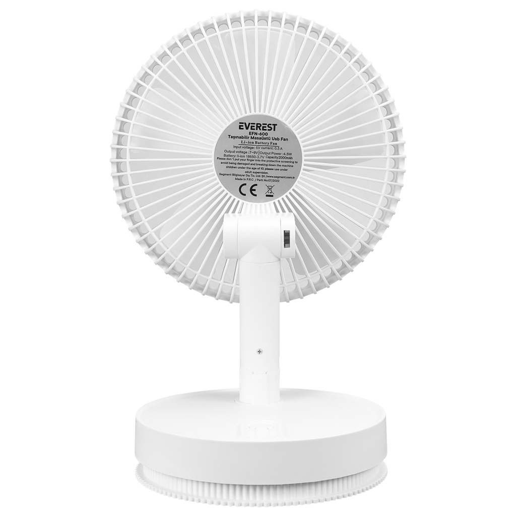 EVEREST EFN-600, BEYAZ, 4 Kademeli Hız, Masaüstü Kullanım, Taşınabilir, Dahili 2000mAh Bataryalı, USB Şarj Girişli, Kumandalı, Vantilatör