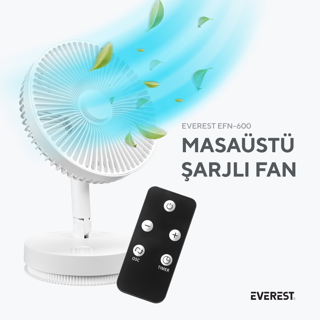 EVEREST EFN-600, BEYAZ, 4 Kademeli Hız, Masaüstü Kullanım, Taşınabilir, Dahili 2000mAh Bataryalı, USB Şarj Girişli, Kumandalı, Vantilatör