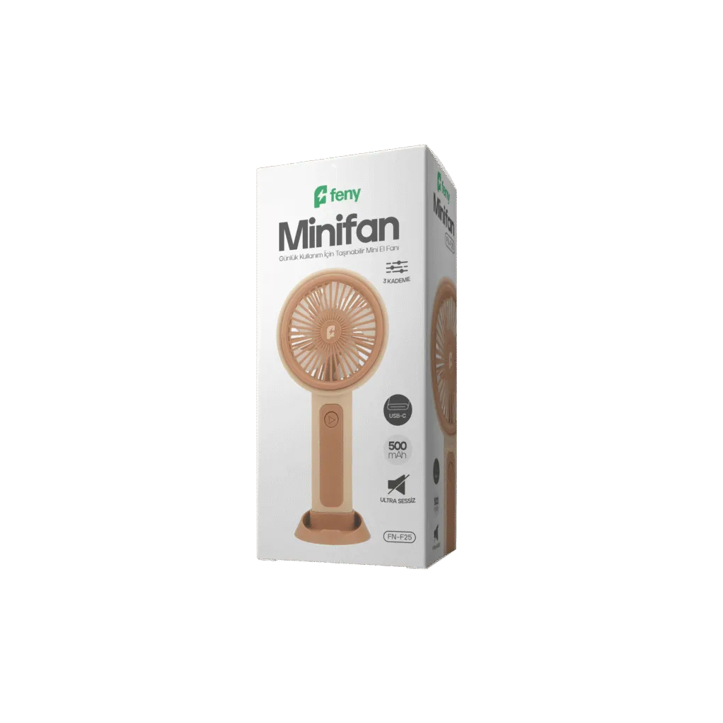 FENY FN-F25, KREM-KAHVE, 3 Kademeli Hız, Elde Kullanım, Dahili 500mAh Bataryalı, Type-C Şarj Girişli, Vantilatör
