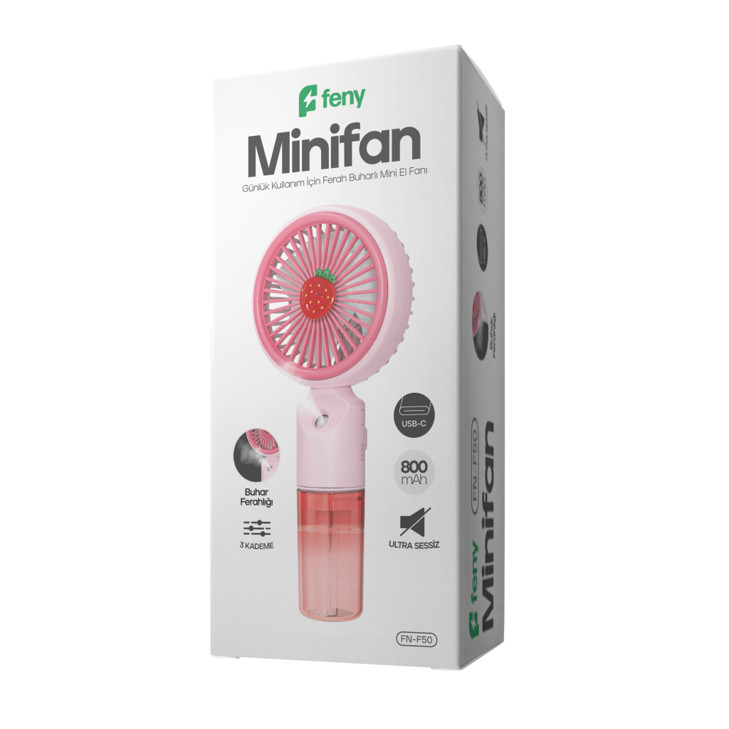 FENY FN-F50, PEMBE, 3 Kademeli Hız, Buharlı Ferahlık, Elde Kullanım, Dahili 800mAh Bataryalı, Type-C Şarj Girişli, Vantilatör