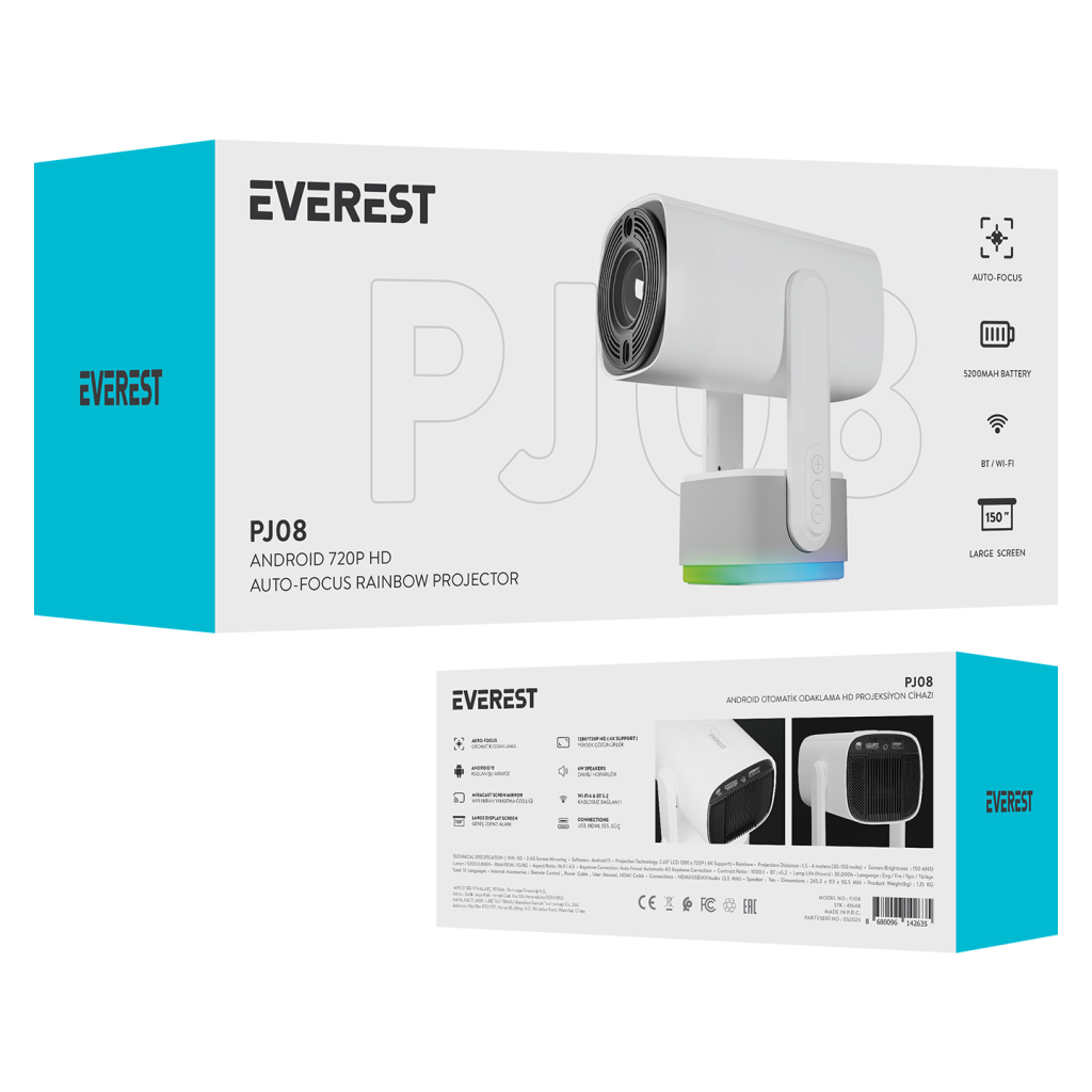 EVEREST PJ08, Beyaz, 150 LED Lümen, 1280x720, 1xHDMI, 1xUSB, WiFi, Bluetooth, 30.000 Saat Led Ömrü, 6W Speaker, 5200mAh Batarya, Taşınabilir, Android 11, 4K Destekli Projeksiyon Cihazı