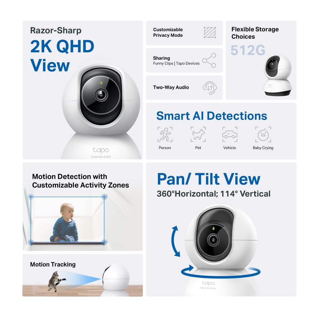 TP-LINK Tapo TC72 (C220), 2K QHD 4,0Mpix, İç Mekan WiFi, 9Mt. Gece Görüşü, 360 Dönüş, İki Yönlü Ses Güvenlik Yapay Zeka Destekli Kamera