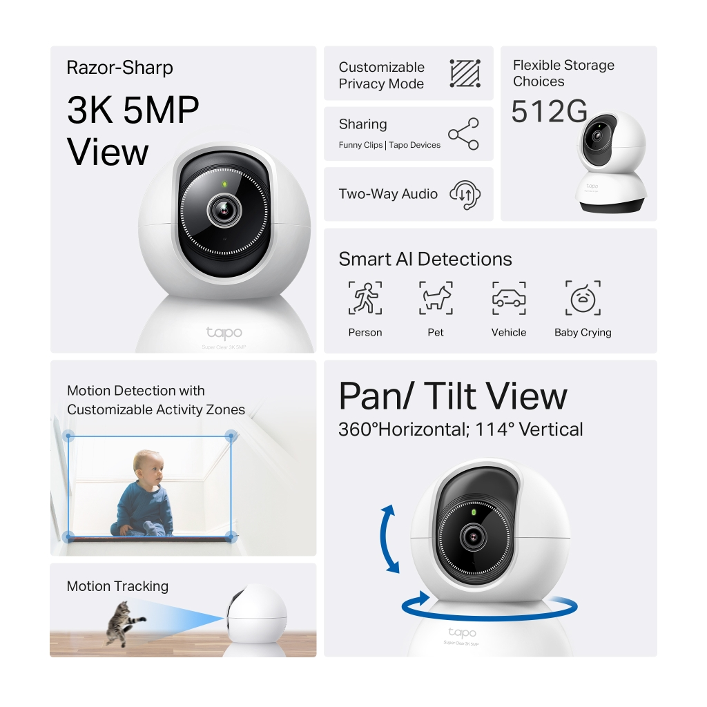 TP-LINK Tapo TC74 (C230), 3K, 5,0Mpix, İç Mekan, WiFi, 12Mt. Gece Görüşü, 360 Dönüş, İki Yönlü Ses Güvenlik Yapay Zeka Destekli Kamera
