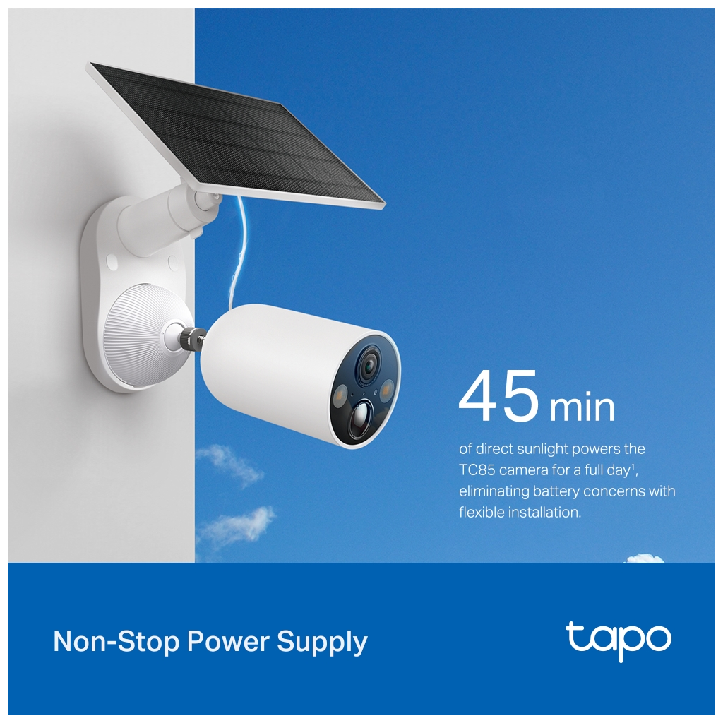 TP-LINK Tapo TC85 KIT (C425 KIT), 2K QHD, 4,0Mpix, Dış Mekan, IP66, WiFi, 15Mt. Renkli Gece Görüşü, İki Yönlü Ses, Yapay Zeka Destekli, Güneş Enerjili Güvenlik Kamerası Kiti