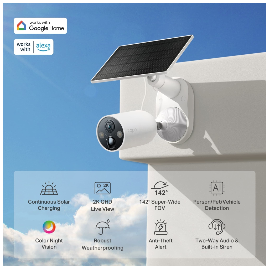TP-LINK Tapo TC85 KIT (C425 KIT), 2K QHD, 4,0Mpix, Dış Mekan, IP66, WiFi, 15Mt. Renkli Gece Görüşü, İki Yönlü Ses, Yapay Zeka Destekli, Güneş Enerjili Güvenlik Kamerası Kiti